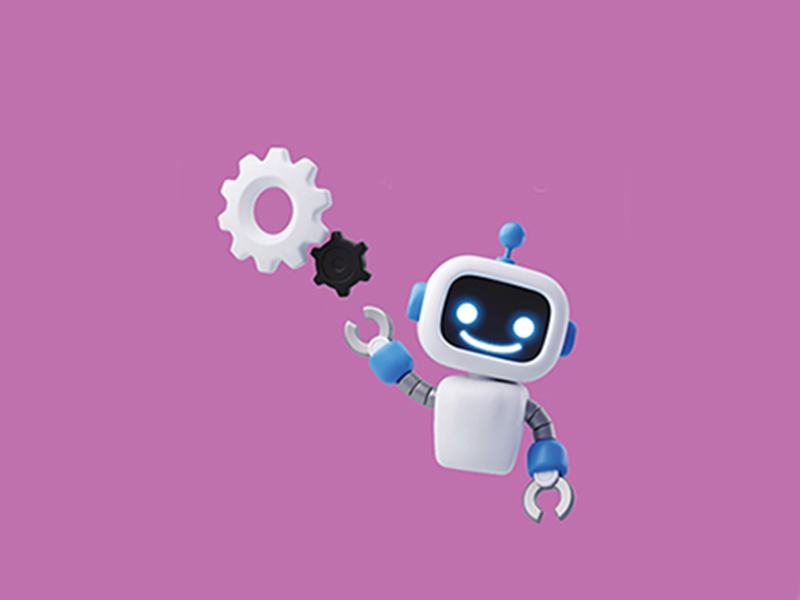 Image of cartoon robot with gears on a mauve background
